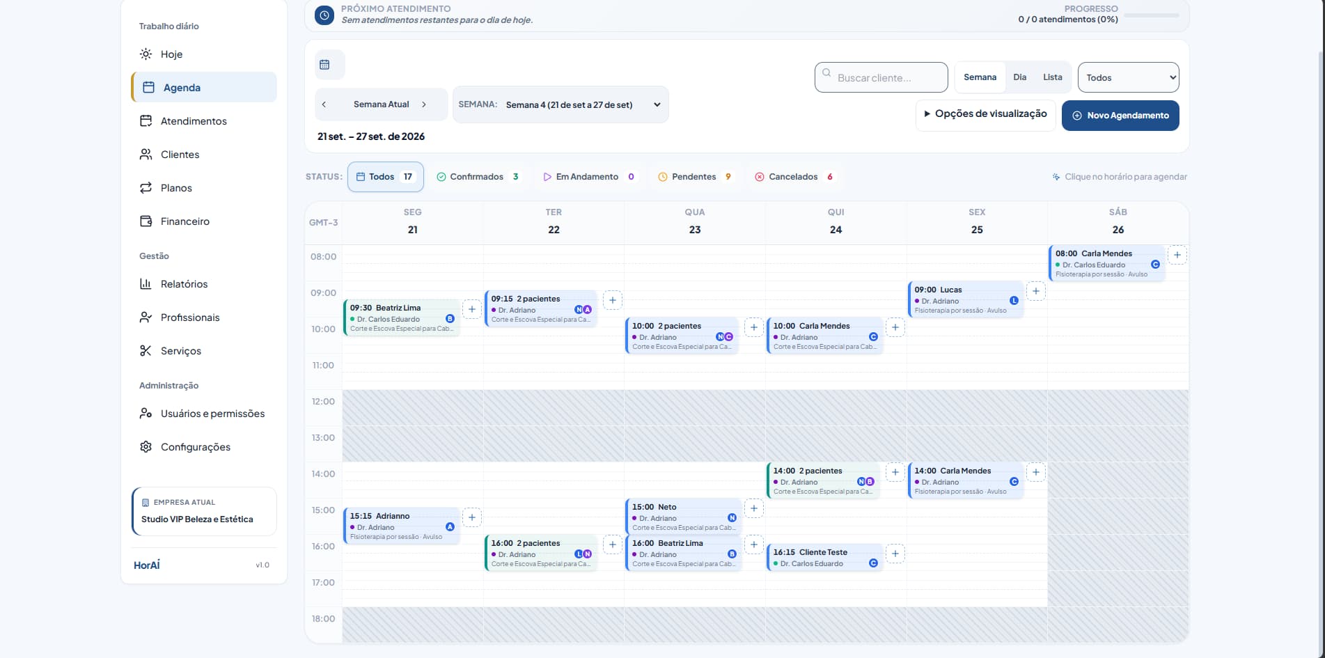 Tela real da agenda do HorAÍ com horários e agendamentos fictícios de demonstração.